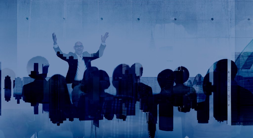 abstract conference graphic with person speaking and city skyline