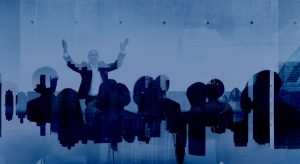 abstract conference graphic with person speaking and city skyline