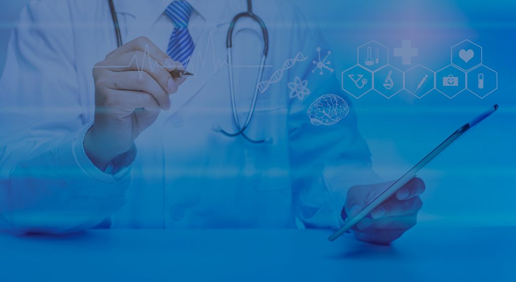 doctor with medical icon overlays