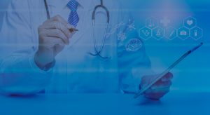 doctor with medical icon overlays